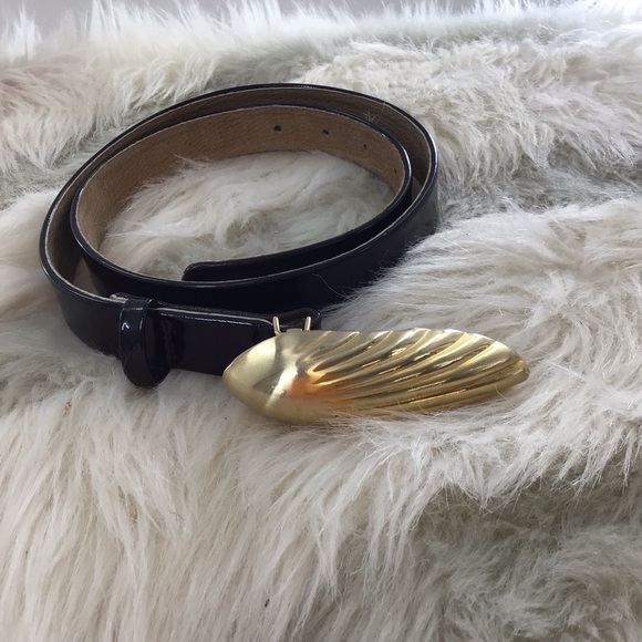 Vintage Black Leather Belt with gold buckle - Size Large - Picture 1 of 4